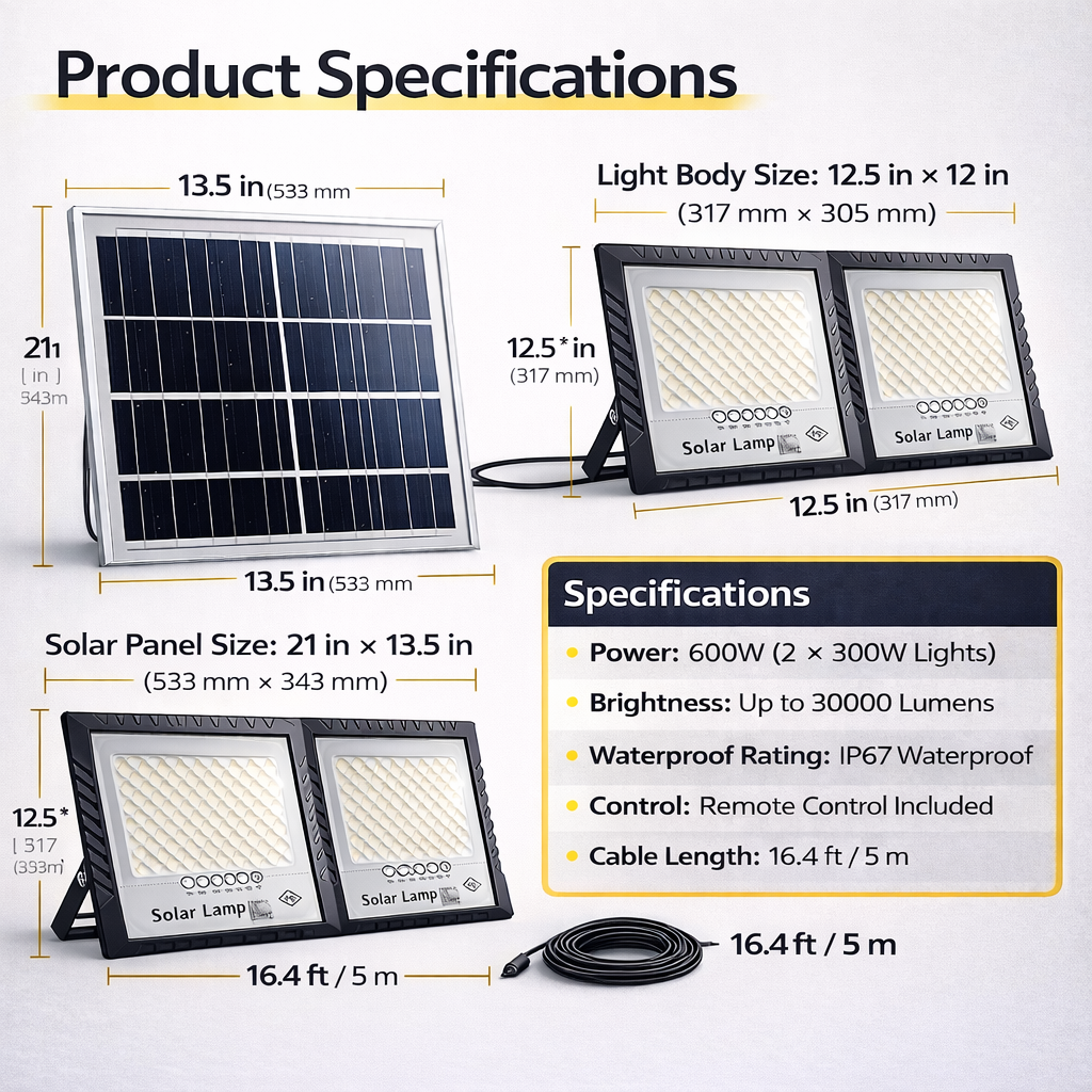 600W Solar Flood Light with Panel (2×300W) Remote Control | IP67 Waterproof