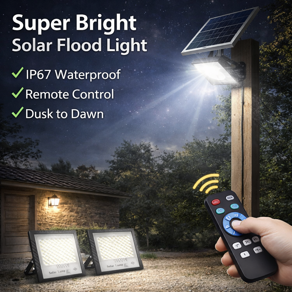 600W Solar Flood Light with Panel (2×300W) Remote Control | IP67 Waterproof
