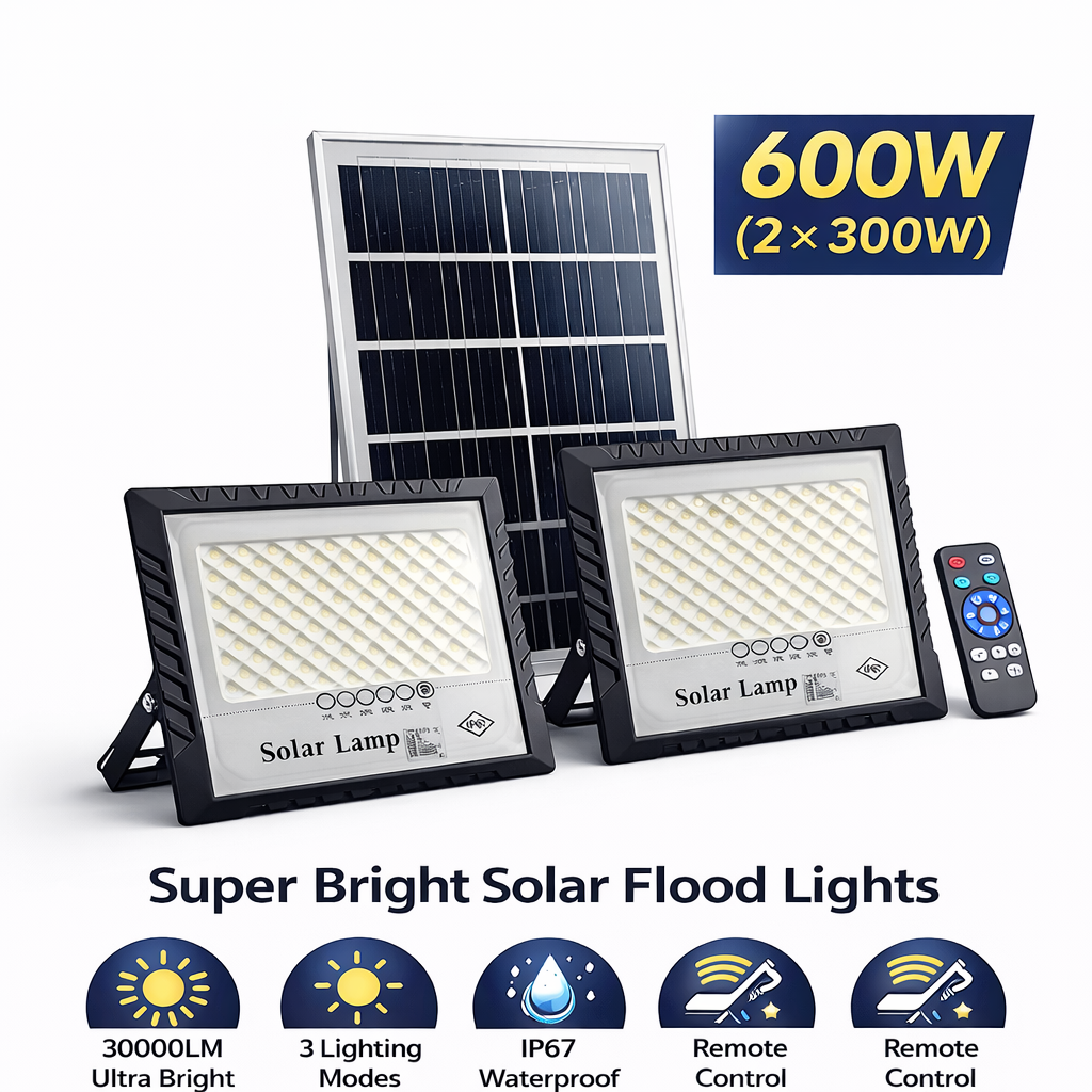600W Solar Flood Light with Panel (2×300W) Remote Control | IP67 Waterproof