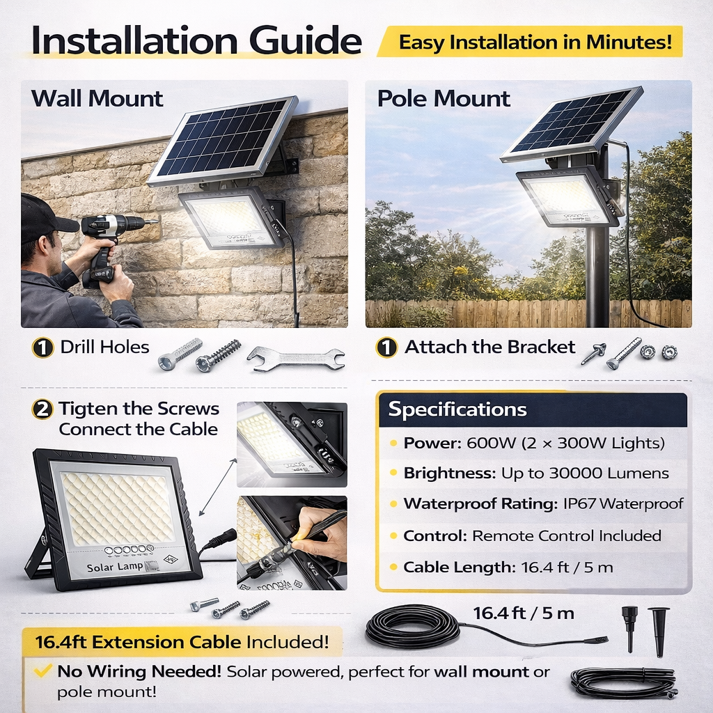 600W Solar Flood Light with Panel (2×300W) Remote Control | IP67 Waterproof